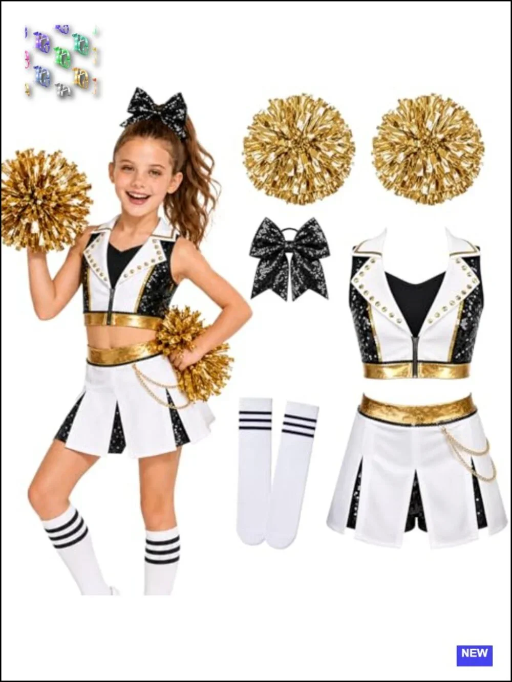 Girls Cheerleader Costume Sequin Crop Top Skirt with Pom Poms Headband Socks